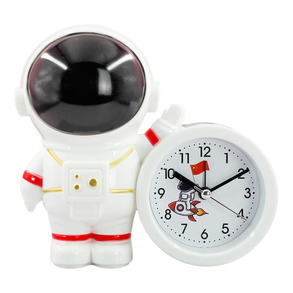 Desenho animado de astronauta com despertador para crianças e design espacial