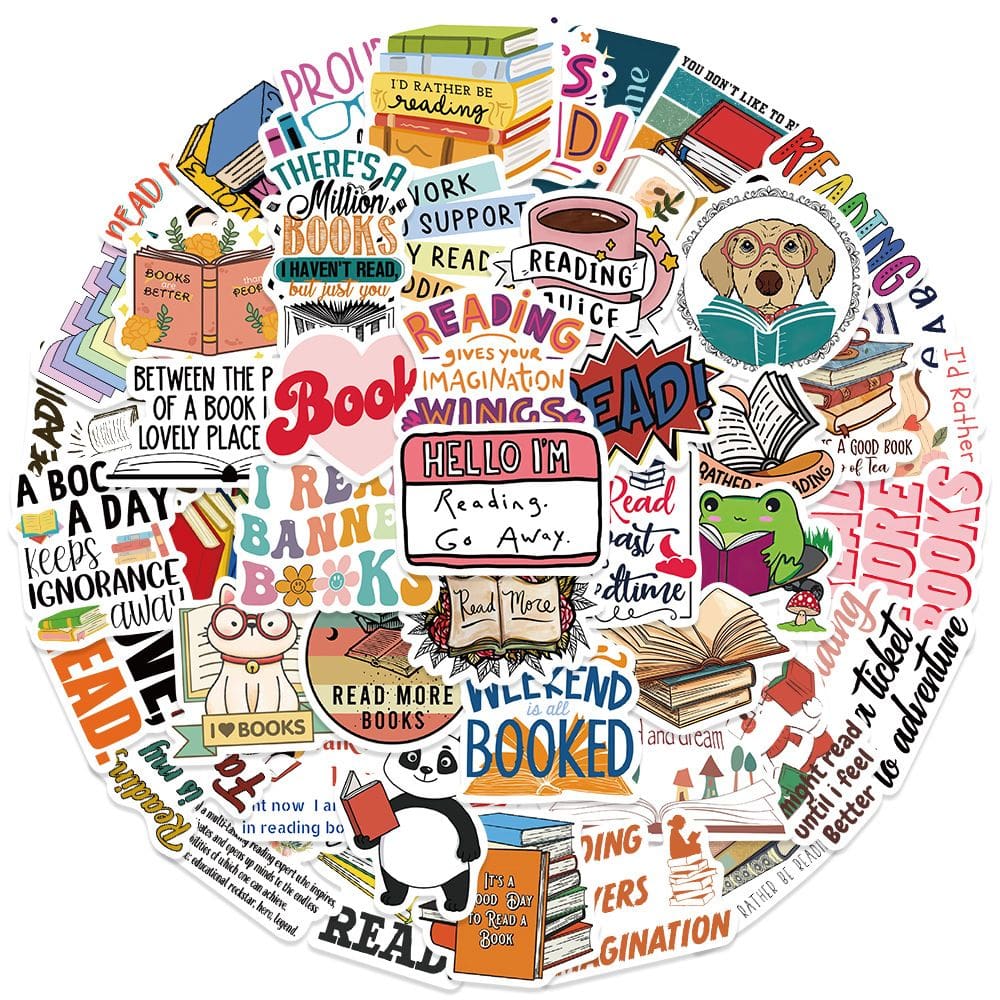 Pacote de adesivos Reading Cartoon Book Quote 100 unidades à prova d`água