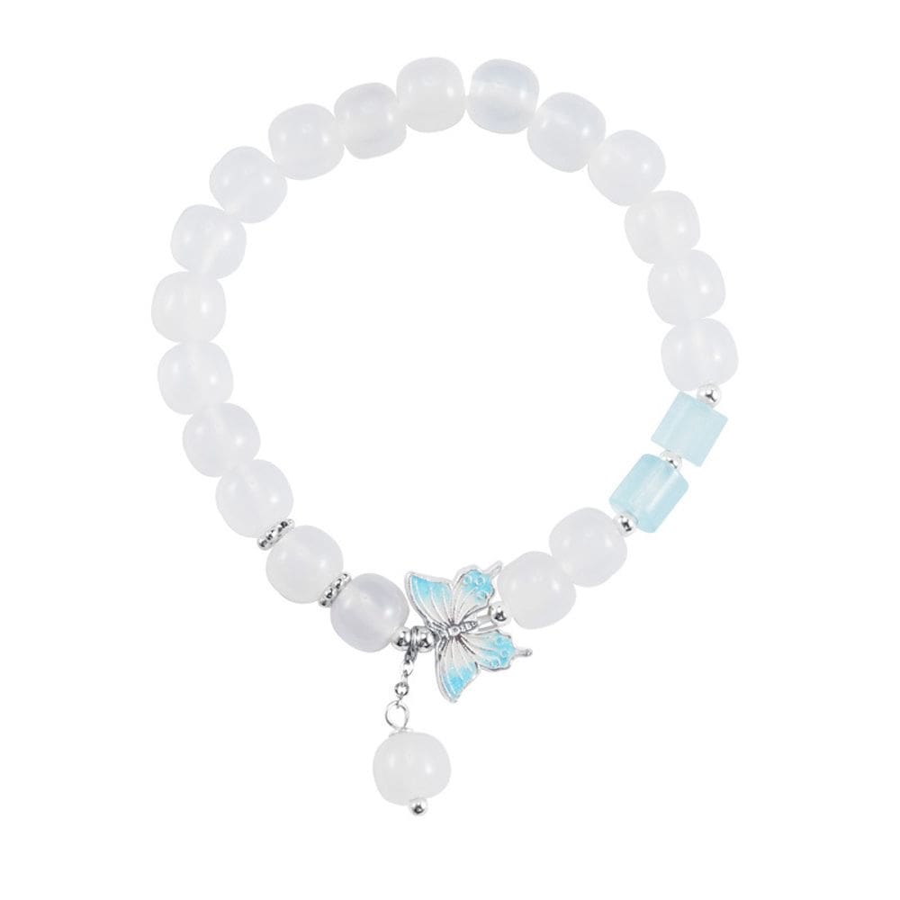 Pulseira de calcedônia branca com pingente de borboleta de esmalte azul