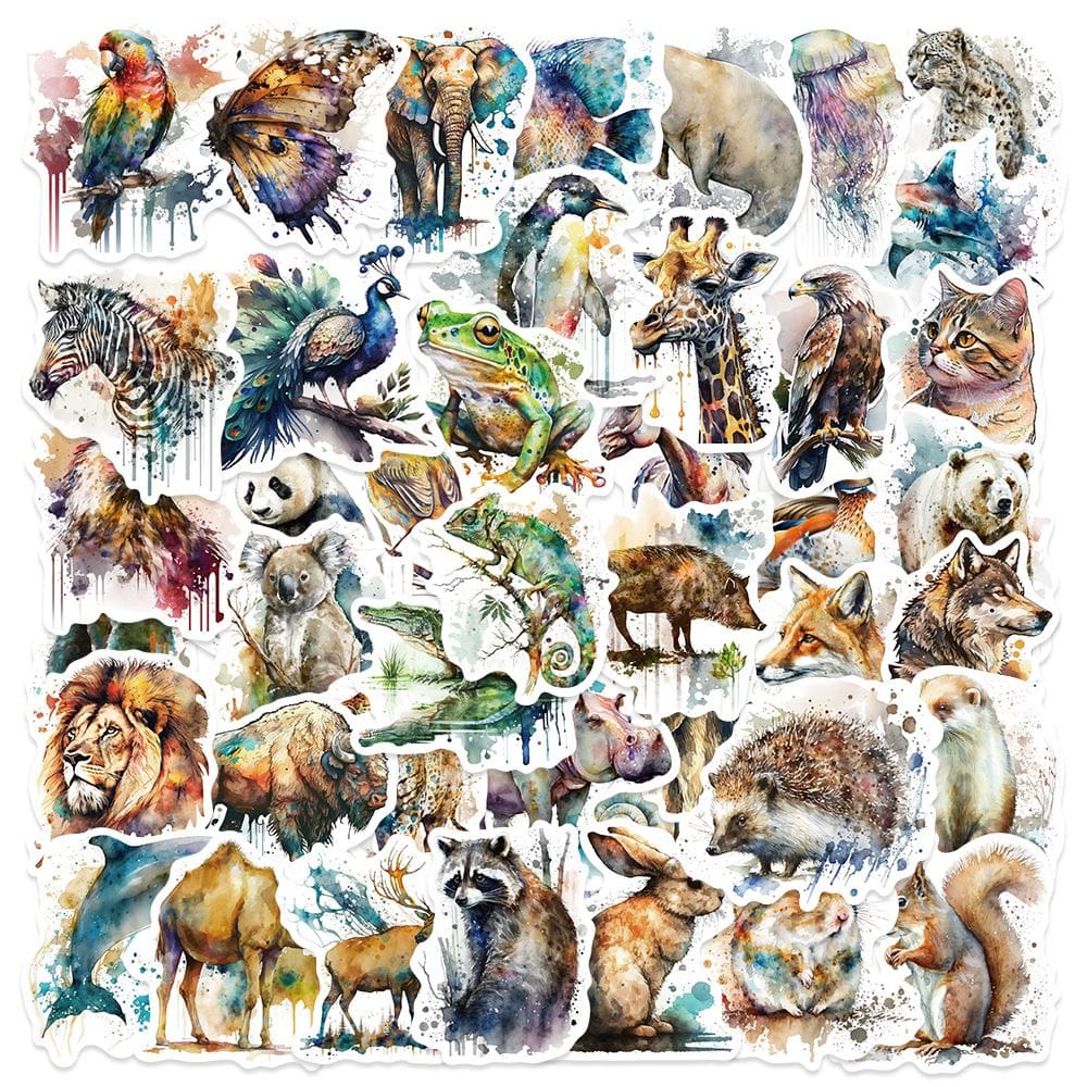 Adesivos em aquarela, animais, 50 peças, vinil artístico e selvagem