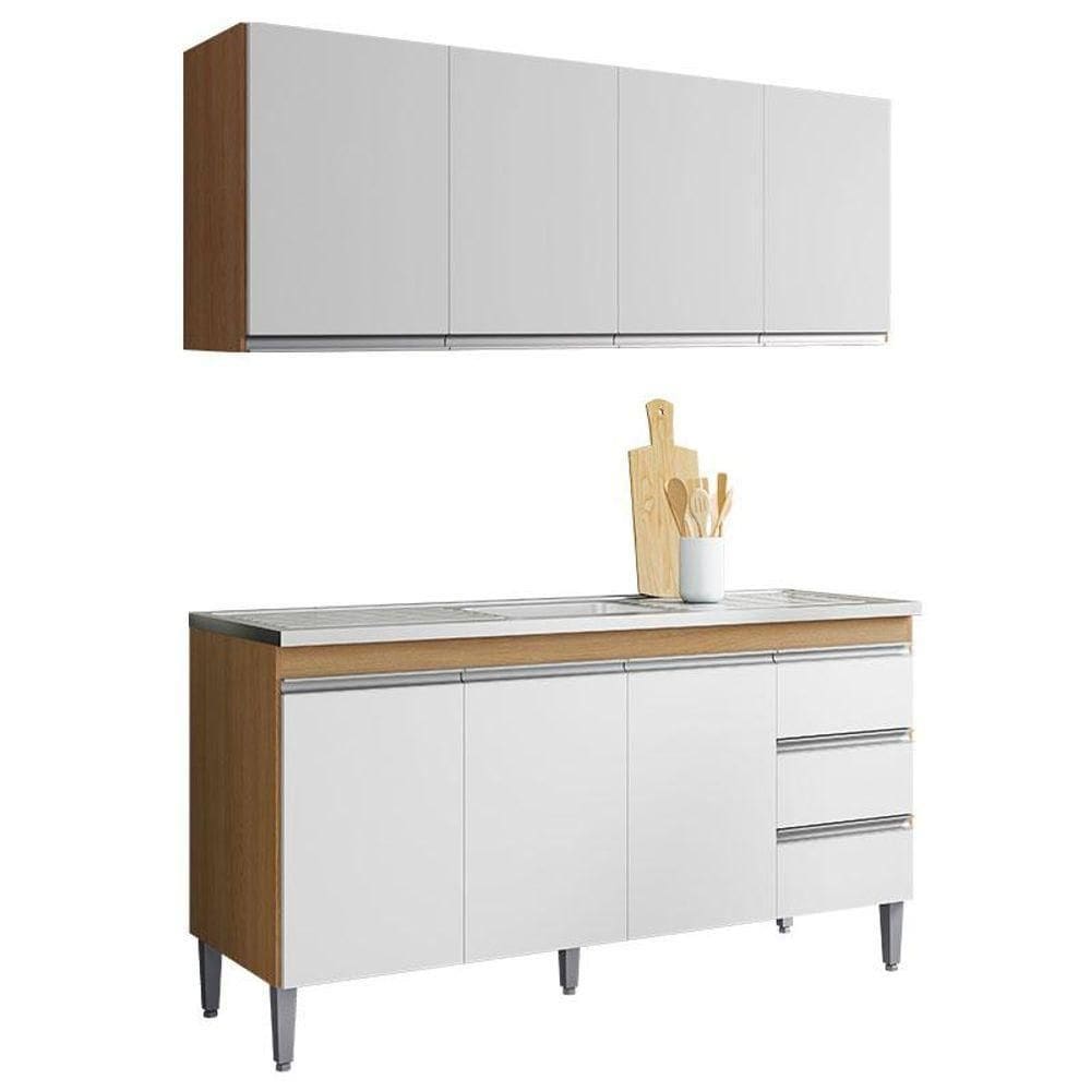 Balcão De Pia 160cm E Armário Aéreo Andreia Amêndoa Branco - Ajl