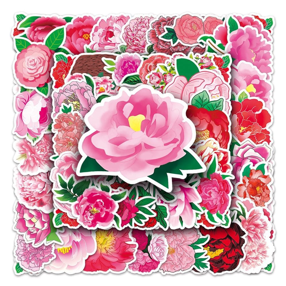 Adesivos de flor de peônia, 50 peças, decalque floral colorido de desenho animado