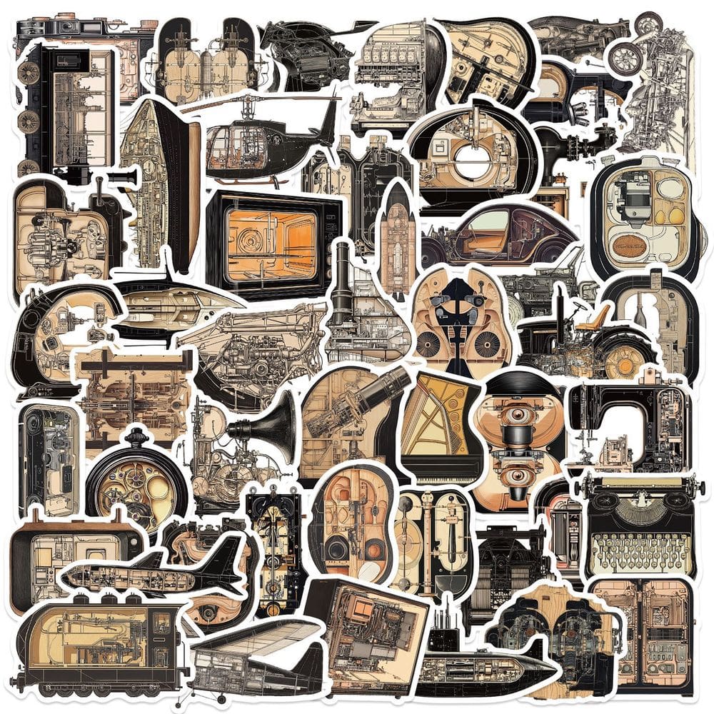 Pacote de adesivos: vinil mecânico impermeável vintage x50