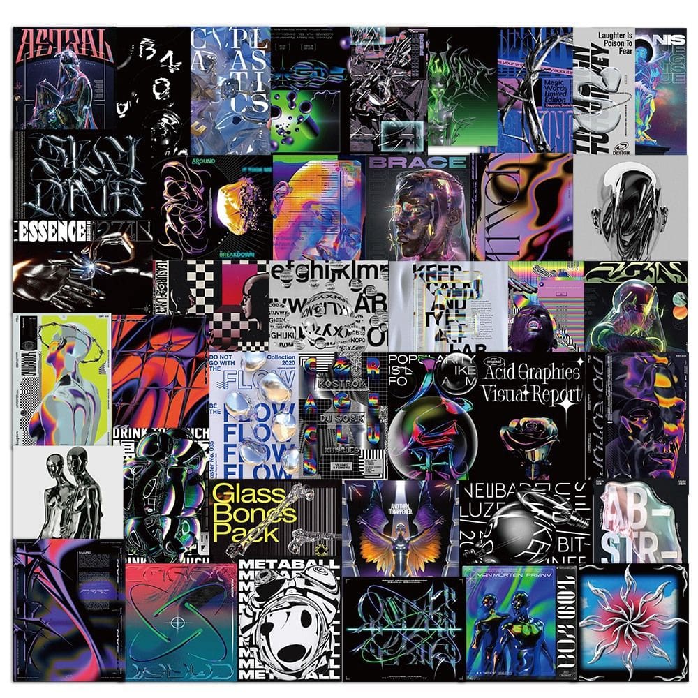 Pacote de adesivos Acid Graphics, 40 peças Trendy Futuristic Graff