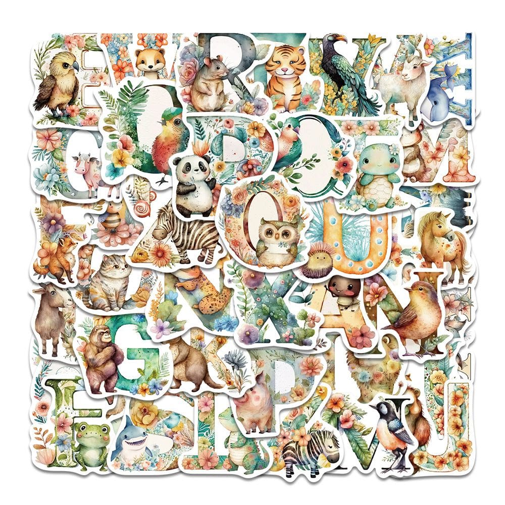 Adesivos Alphabet Cartoon Letter, vinil impermeável, 51 unidades