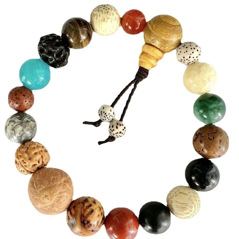 Pulseira de madeira feita à mão de 18 peças com miçangas mistas