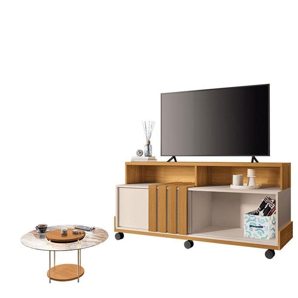 Rack Bancada Graci Com Mesa De Centro Sky Com Tampo De Vidro Cinamomo Off White - Hb Móveis