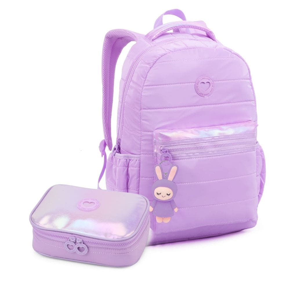 Kit Material Escolar Mochila Estojo Holográfico Chaveiro Coelhinho Lilás Fofo Kawaii Organização