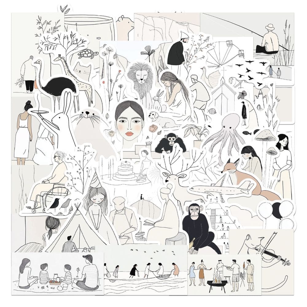 Conjunto de adesivos Doodle em preto e branco, 50 peças de arte minimalista