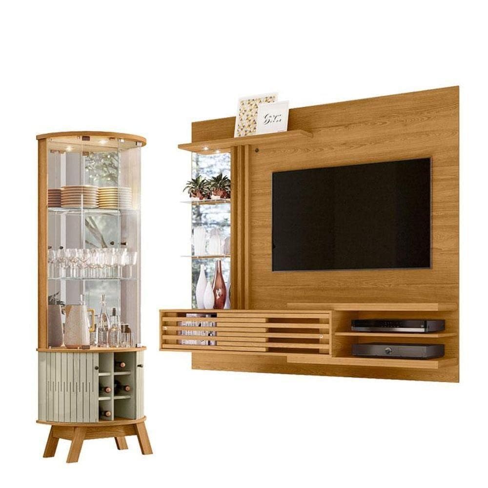 Estante Home Theater Bancada Suspensa Frizz Supreme Cumaru Com Cristaleira Marina Cumaru Opala - Madetec