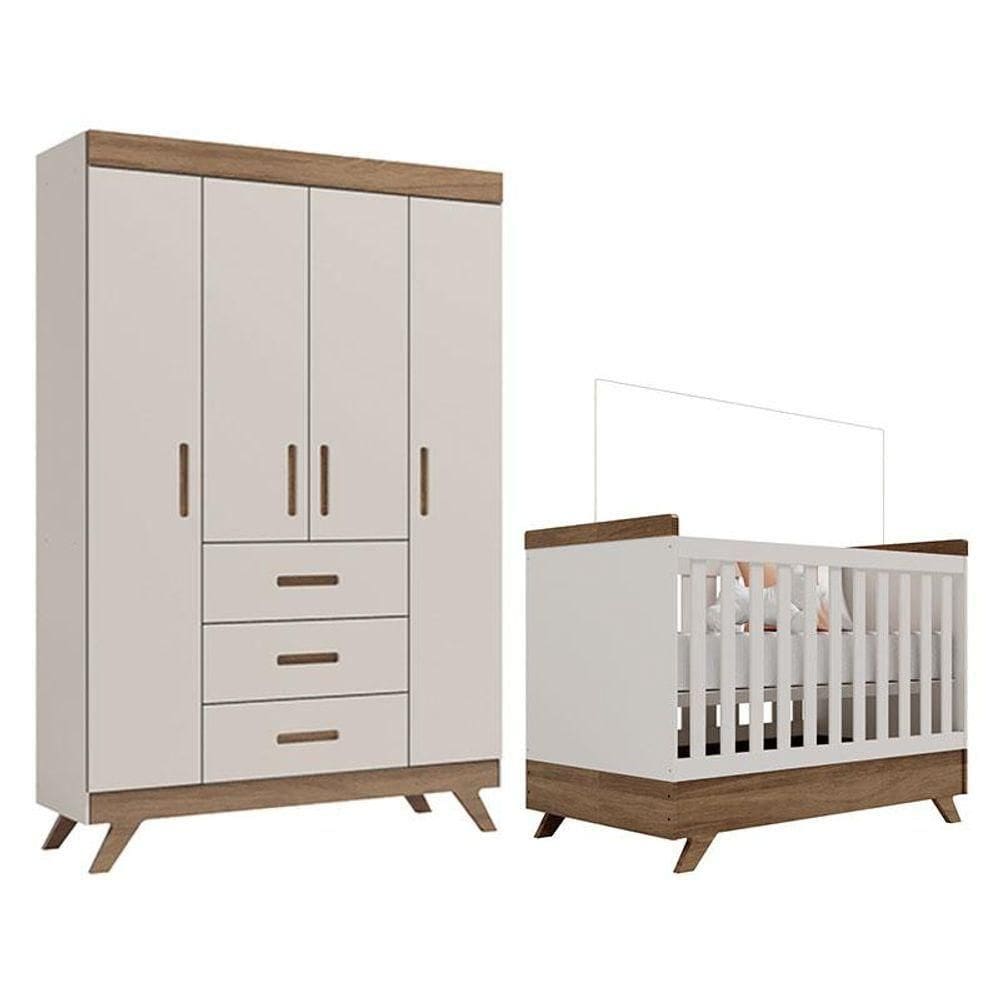 Berço Americano Vitória E Guarda Roupa Infantil Retrô Maya Off White Carvalho - Carolina