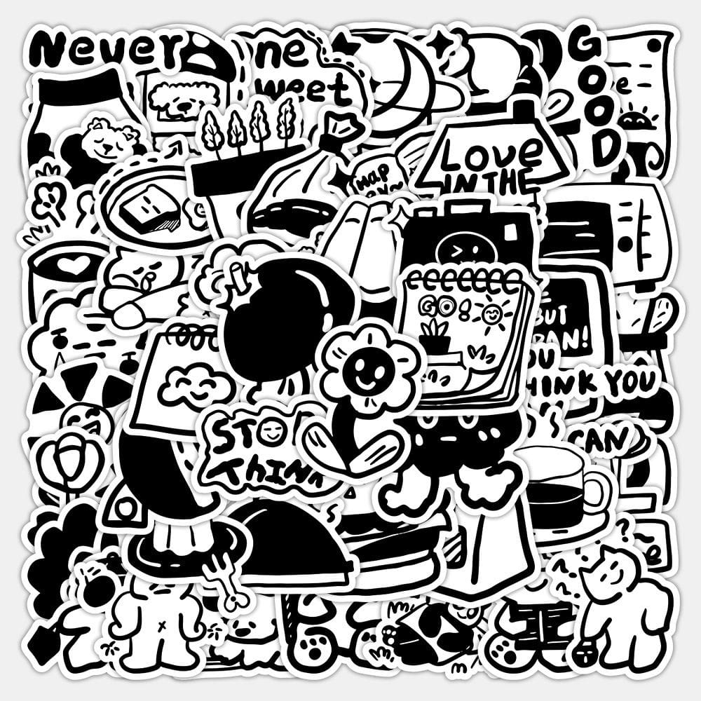 Adesivos fofos em estilo coreano, desenho animado em preto e branco