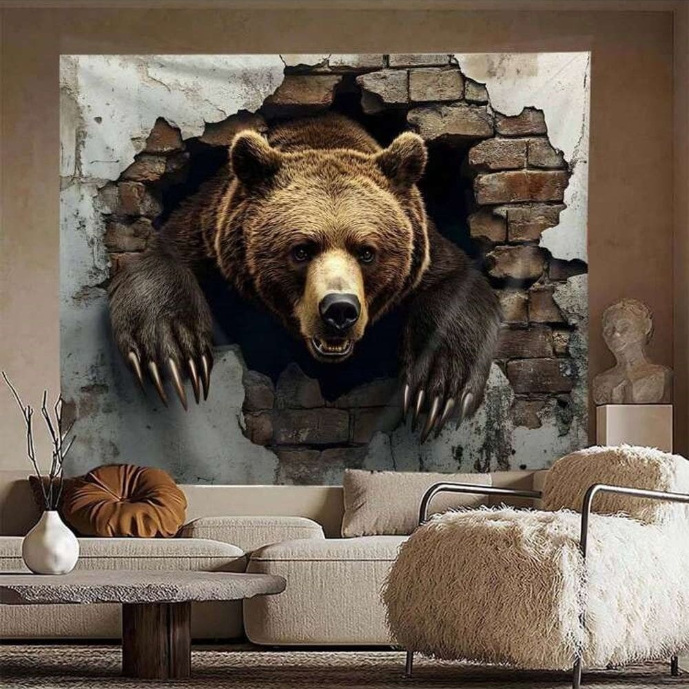 Tapeçaria para pendurar na parede 3D com padrão de urso 150x130cm poliéster