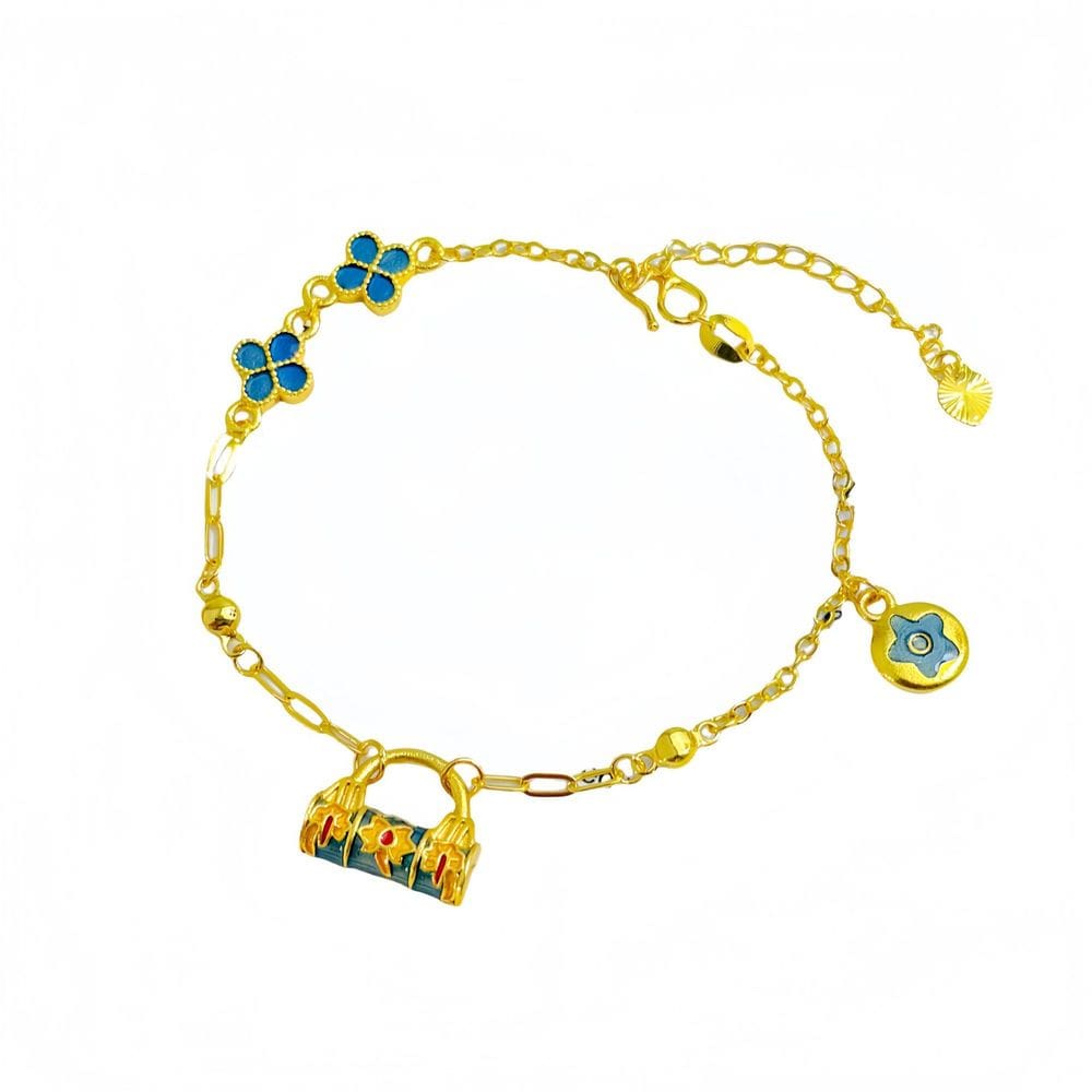 Pulseira banhada a ouro para mulheres com pingente de bolsa floral esmaltada