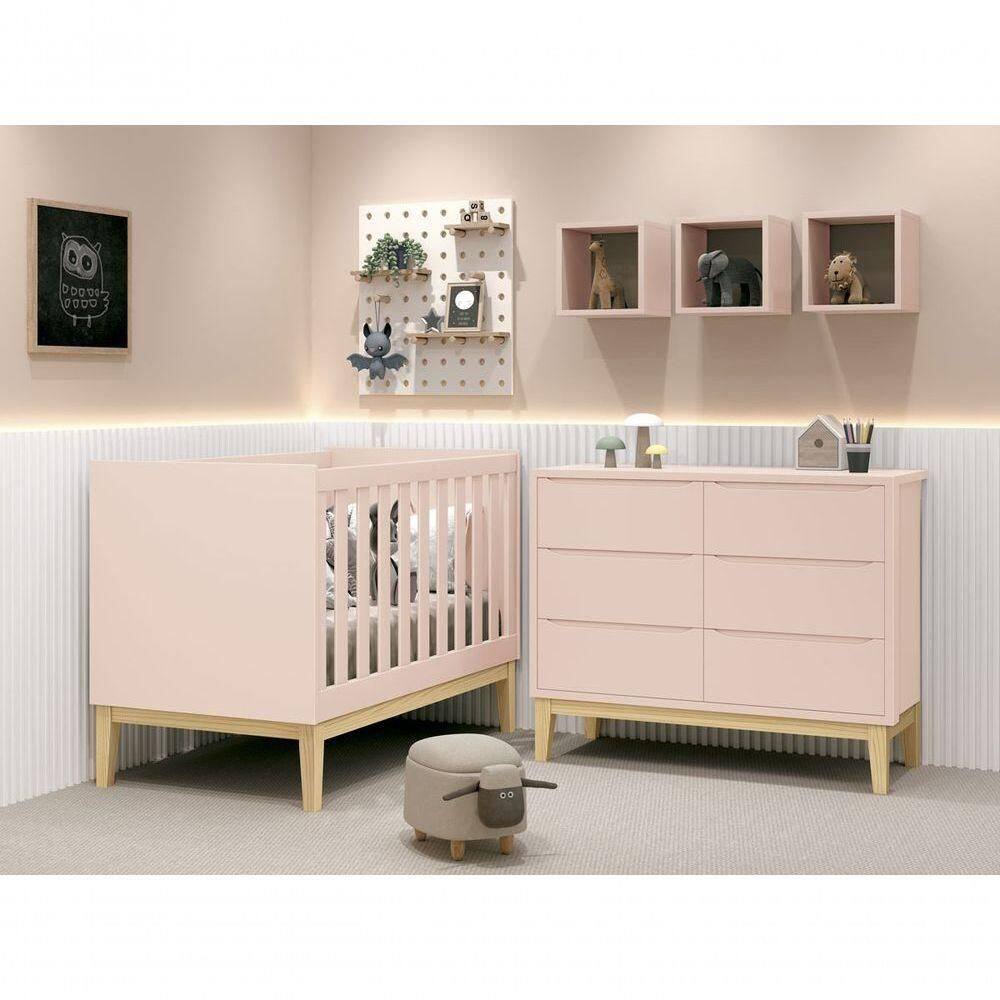 Jogo De Quarto Para Bebê Classic New Rosa Fosco Com Natural - Reller