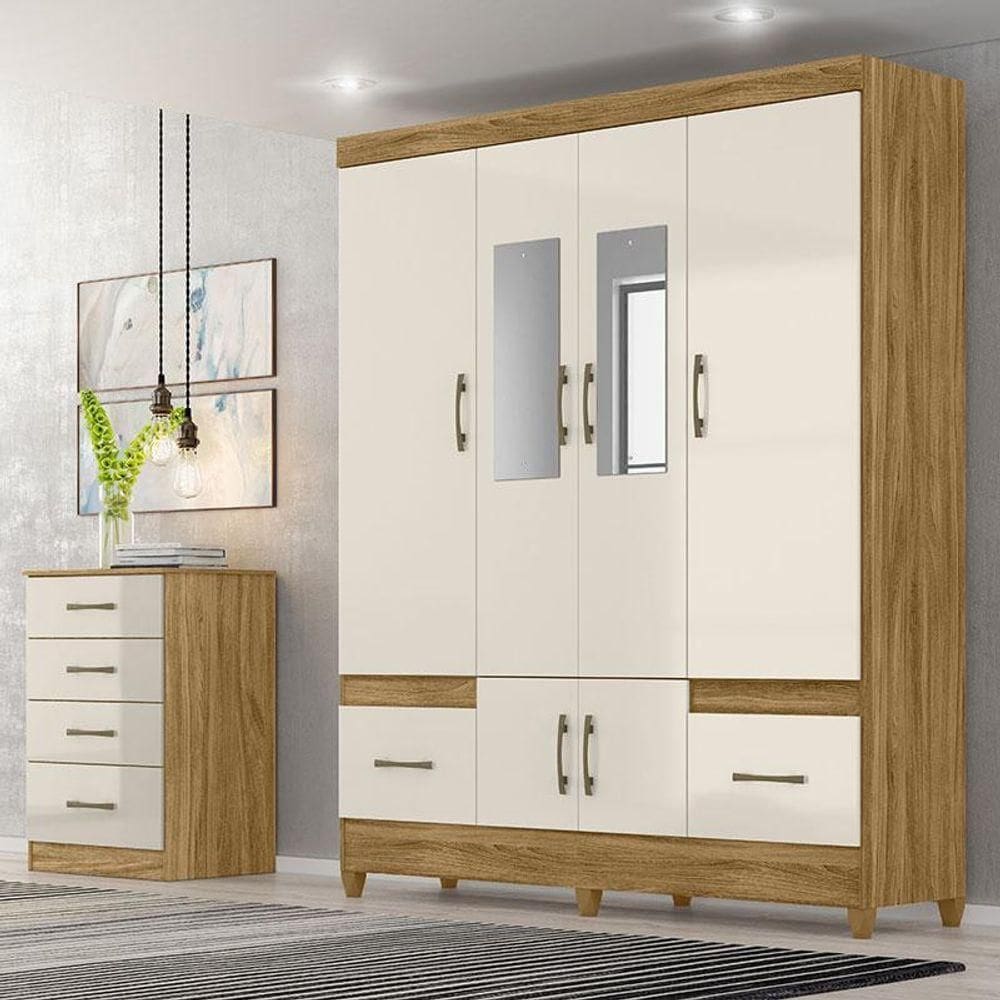 Guarda Roupa Casal Ambiente Ms912 Com Espelho E Cômoda Ms913 Freijó Off White - Moval