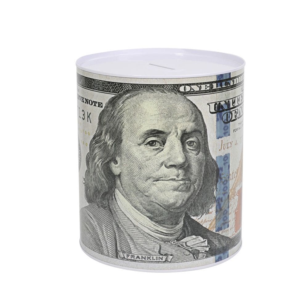 Banco de moedas de metal redondo Piggy Bank com impressão em euros 13,5x15cm