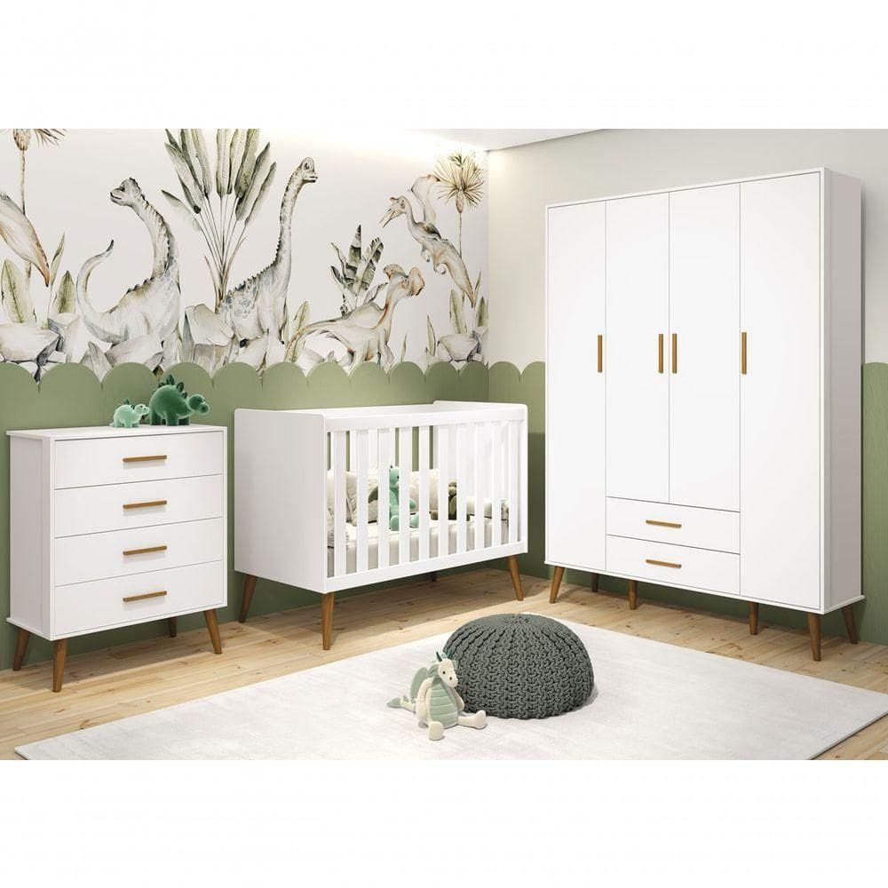 Jogo De Quarto Retrô Para Bebê Completo 4 Portas Isis Branco Fosco - Moveisaqui