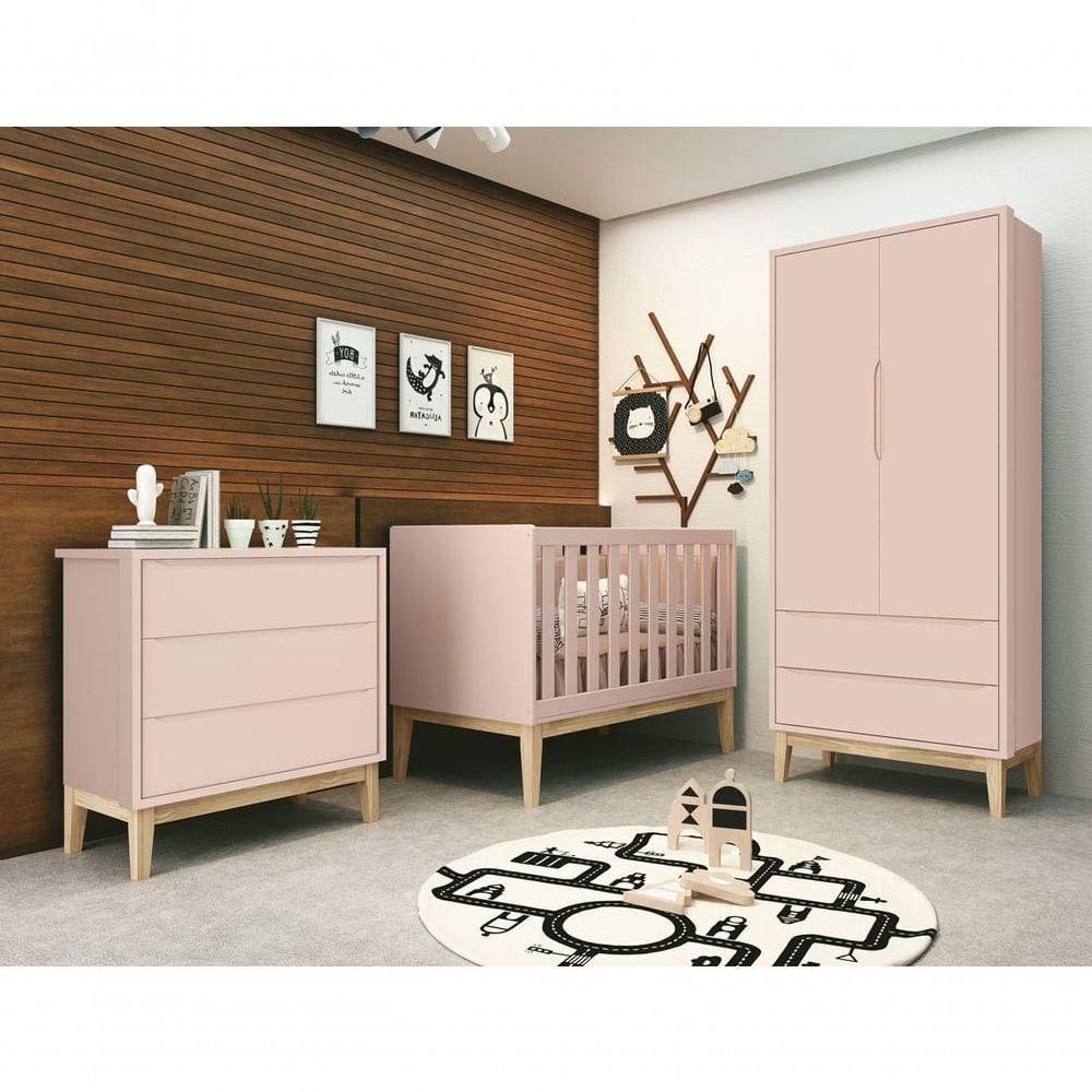 Jogo De Quarto Para Bebê Completo 2 Portas Classic New Rosa Fosco Com Natural - Moveisaqui
