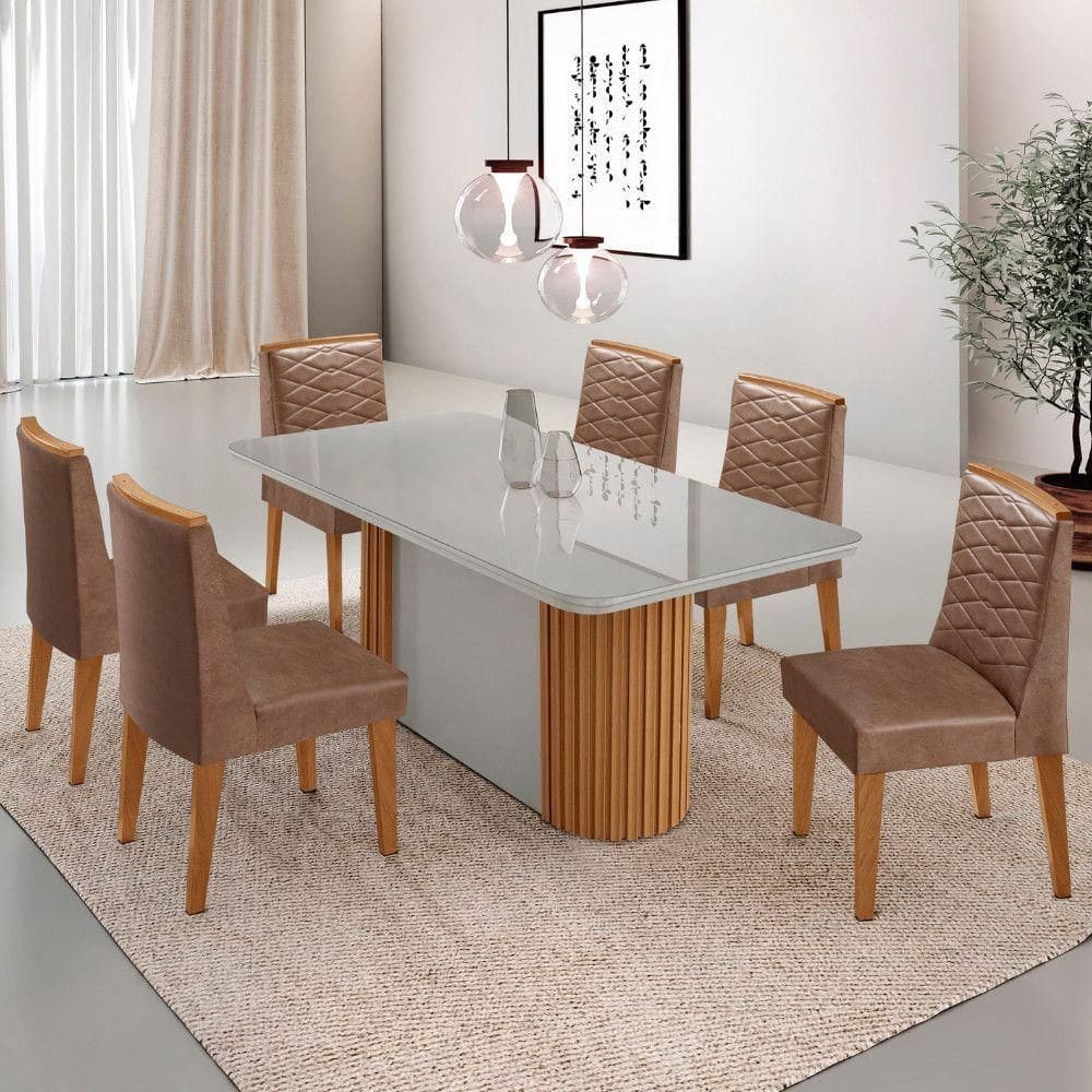 Conjunto Mesa Jantar Aspen Tampo Mdf Vidro 6 Cadeiras Eloise Moderna Tork Off White