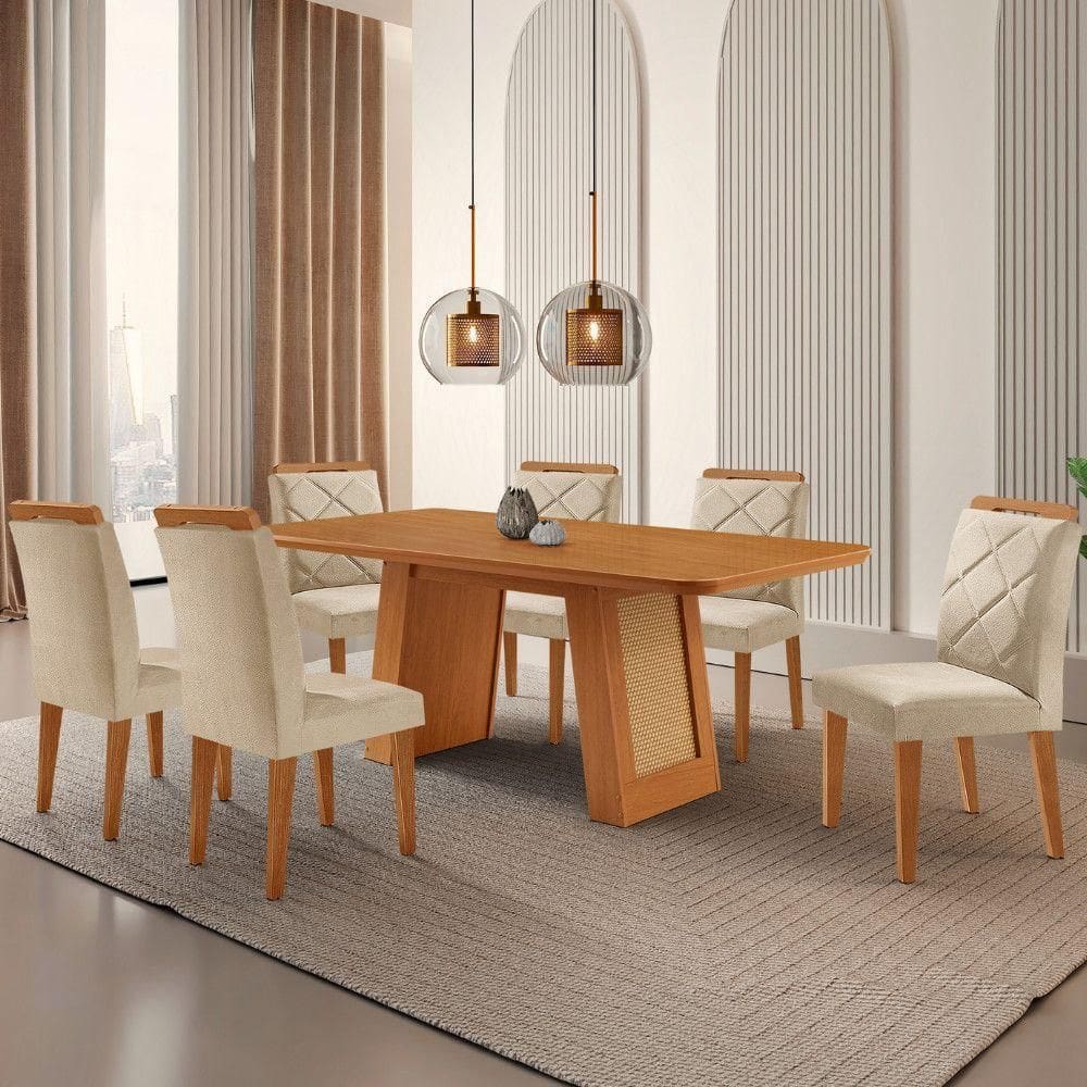Mesa De Jantar Carolina Com 6 Cadeiras Moderna Mobilia Veludo Creme/ Laminado