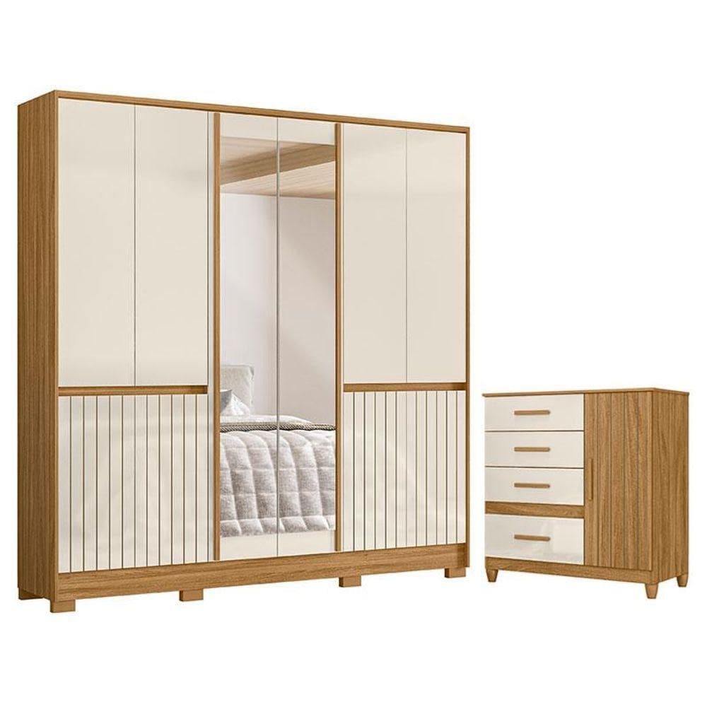 Guarda Roupa Casal Alasca E Cômoda Vênus Freijó Off White Com Pés - Moval