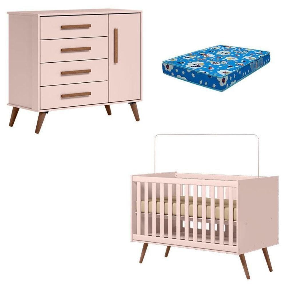 Berço Americano 3820 E Cômoda Infantil 3825 Retrô Rosa Com Colchão Tend Tudo - Qmovi