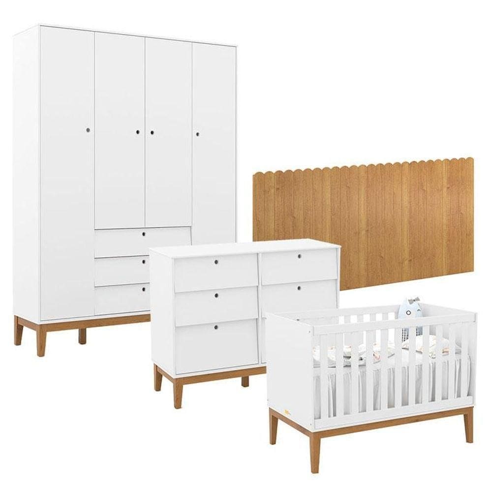 Quarto De Bebê Unique 4 Portas Com Cômoda 6 Gavetas E Painel Farm Branco Soft Eco Wood - Matic