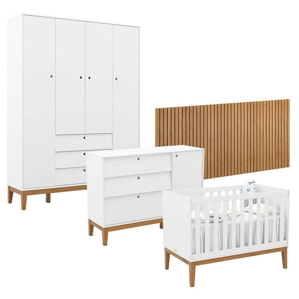 Quarto De Bebê Unique 4 Portas Com Cômoda Sapateira E Painel Ripado Branco Soft Eco Wood - Matic
