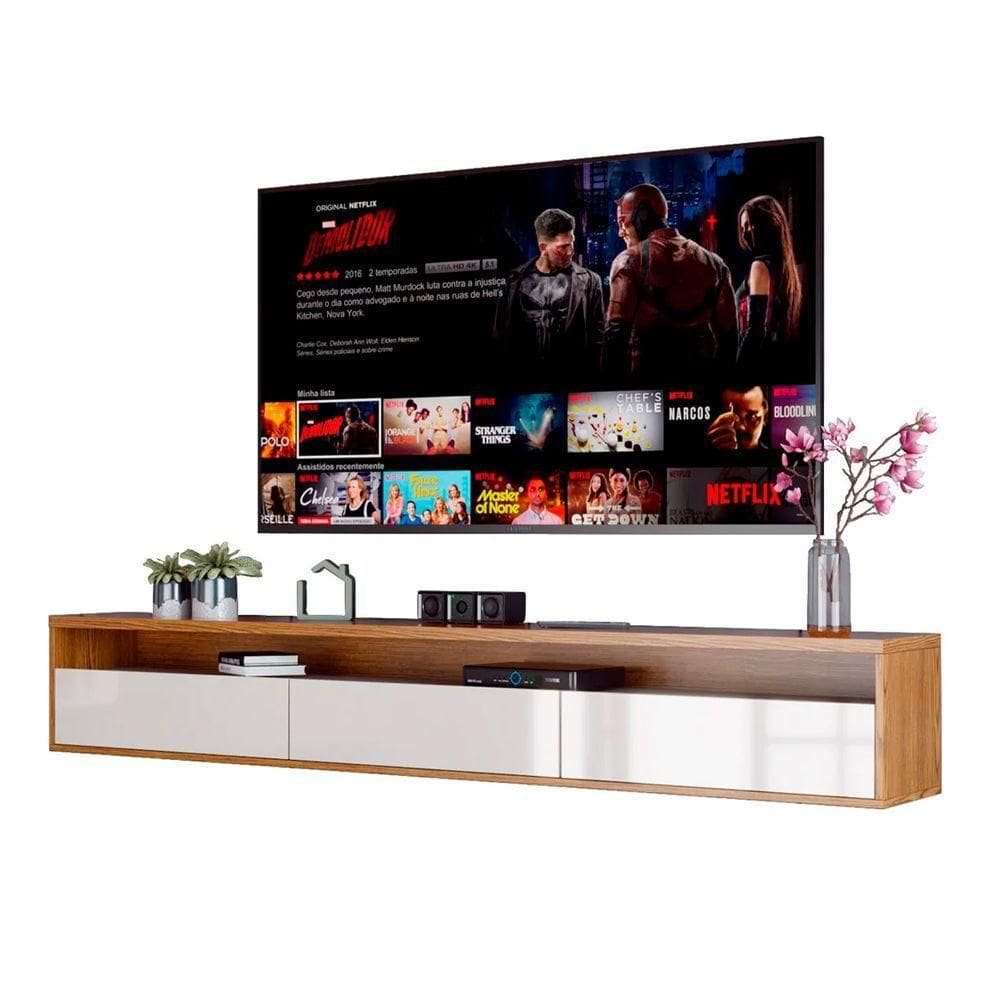Rack Suspenso Pequeno De Parede Para Sala De Tv Ou Quarto Life - Off White Com Freijo - Moveisaqui
