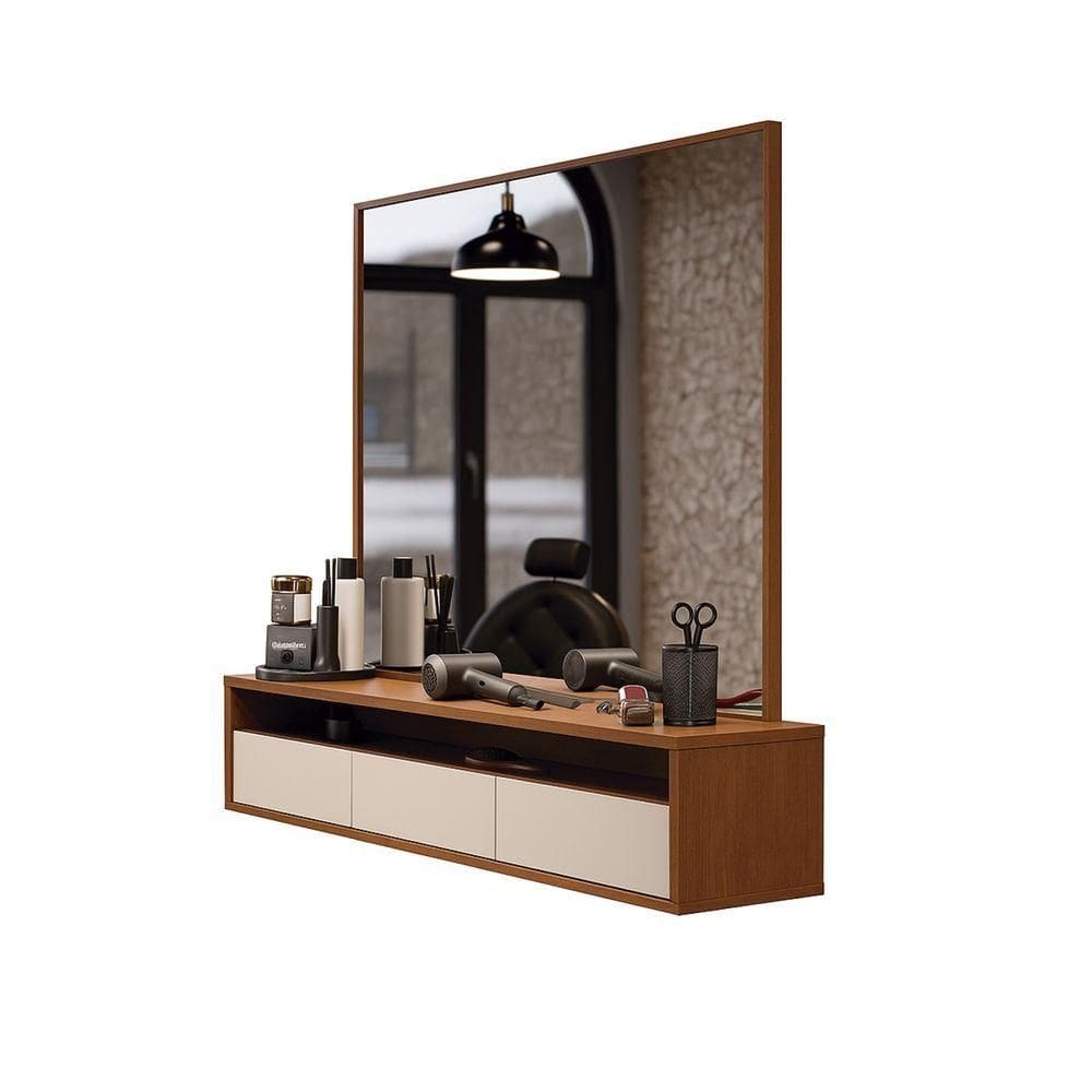 Bancada Suspensa Para Salão De Beleza Cabeleireiro Balcão De Barbearia Life Off White Com Freijo - Moveisaqui