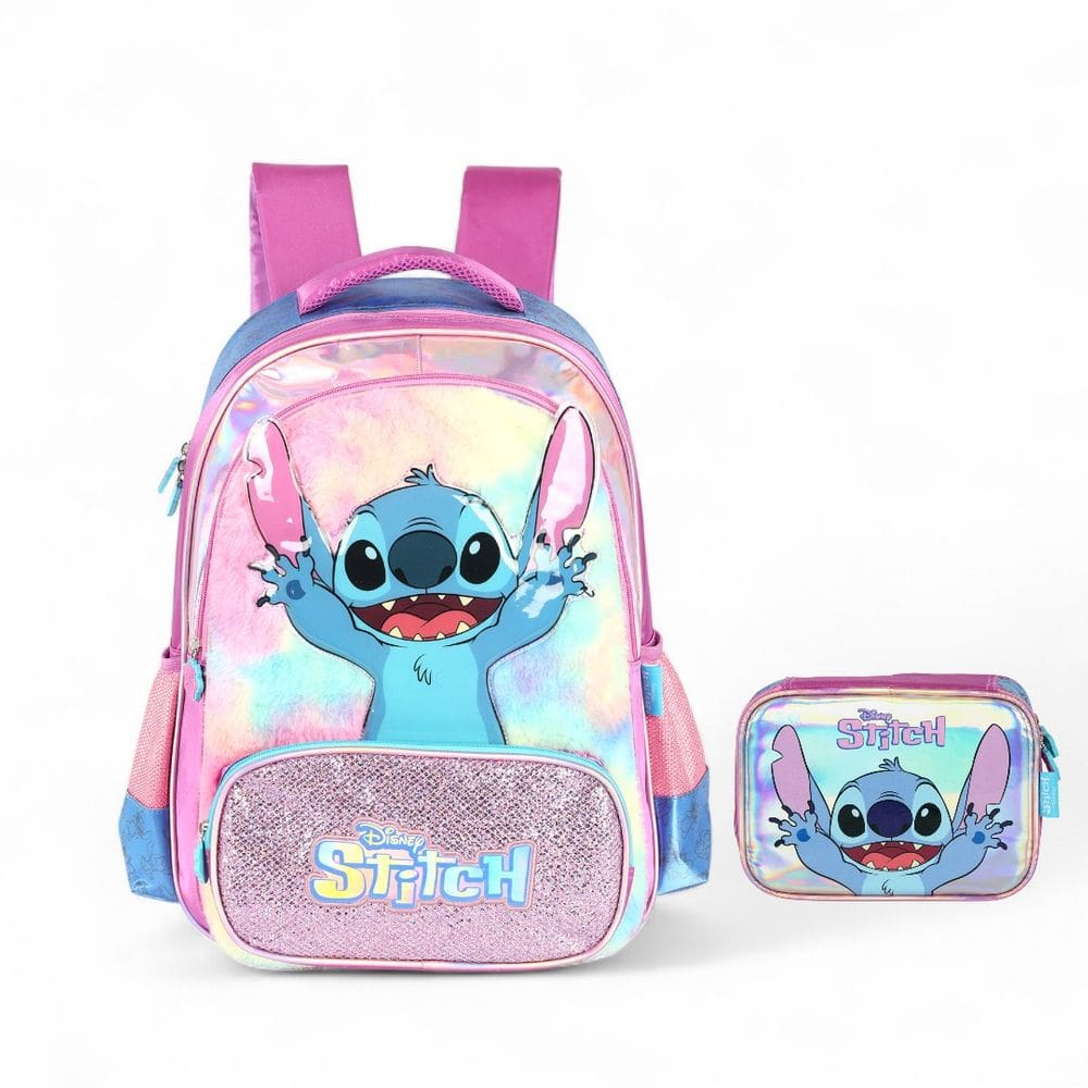Kit Mochila Escolar De Costas Stitch Plush Holográfica