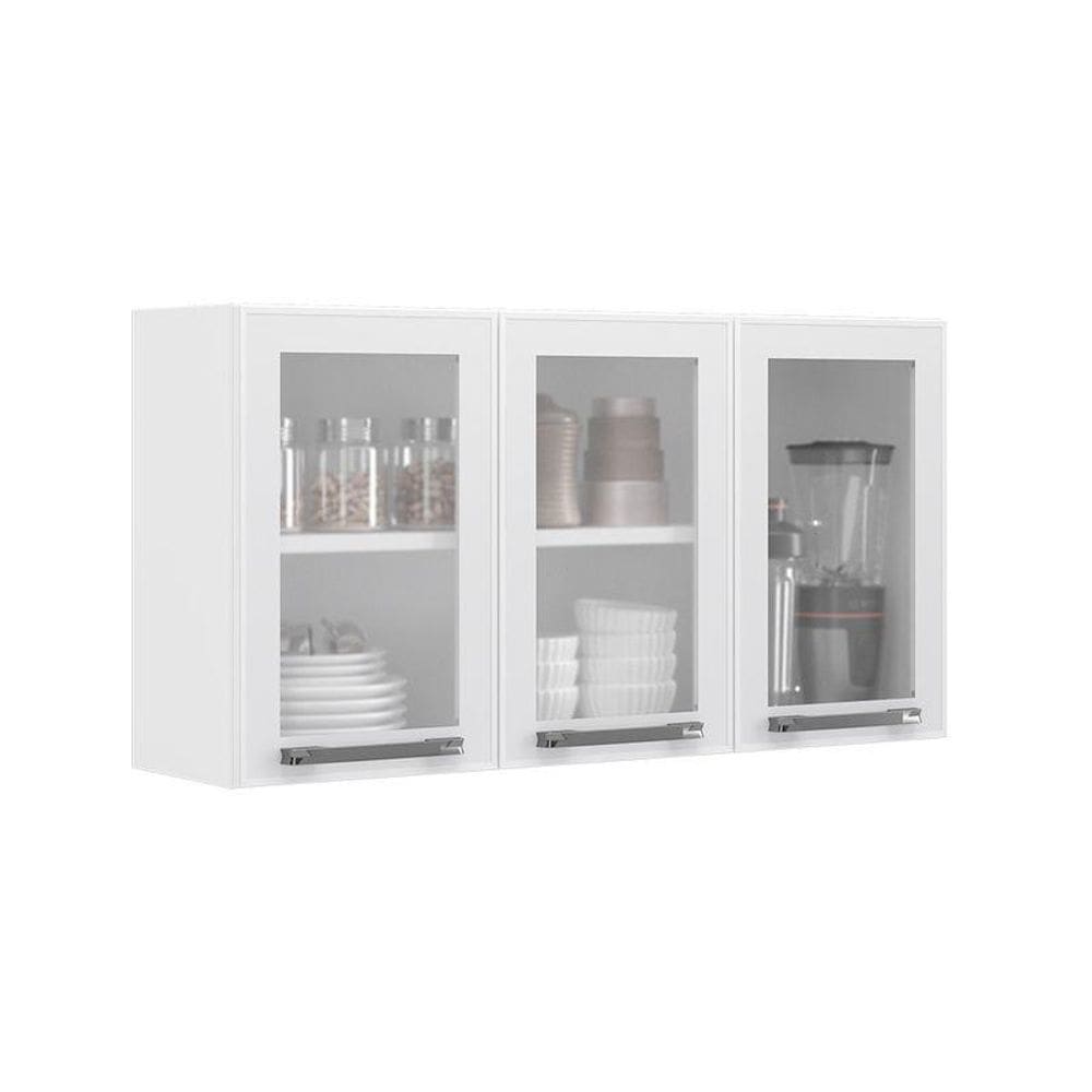 Armário Aéreo de Cozinha Branco 3 Portas com Vidro Florença