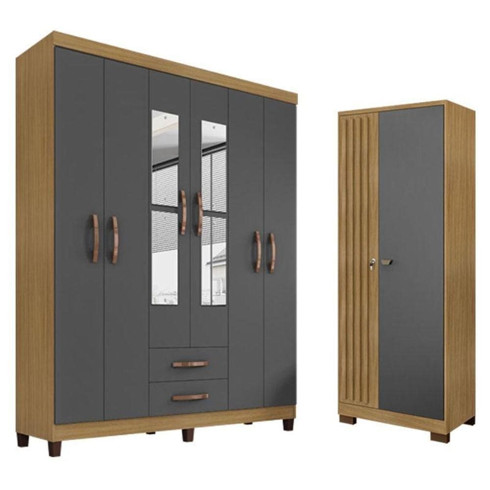Guarda Roupa Casal Modena Com Espelho 6 Portas E Armário Multiuso Versatile Carvalho Americano Grafite - Incorplac