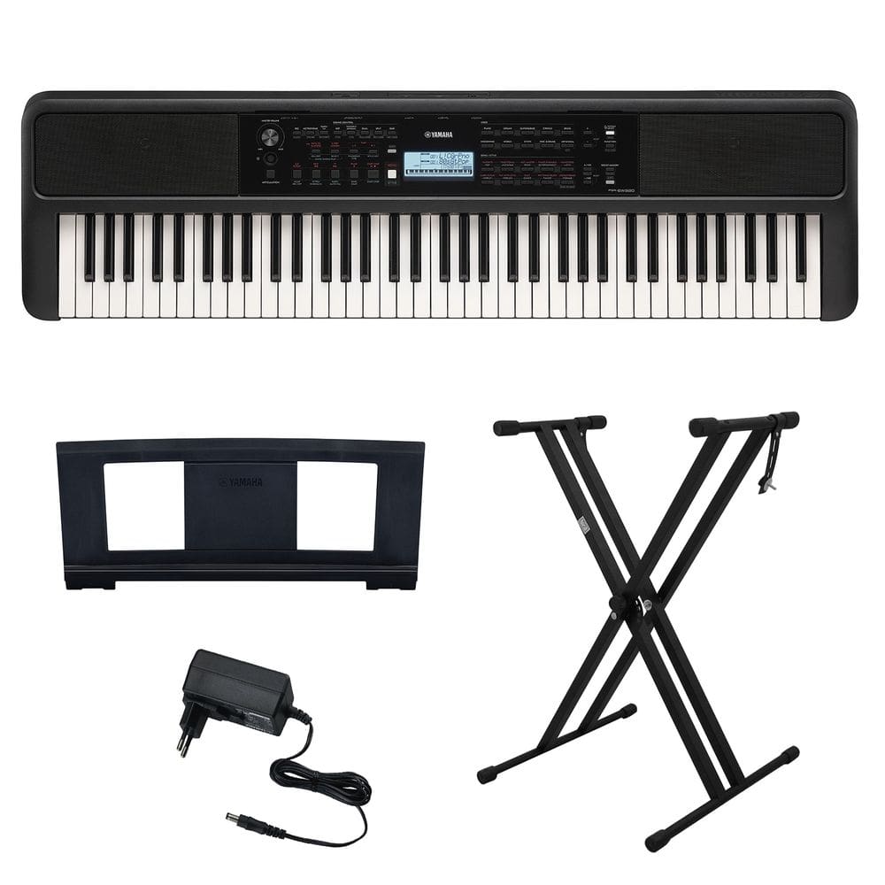 Kit Teclado Arranjador 76 Teclas PSR EW320 Preto com Fonte Bivolt Yamaha e Suporte em X