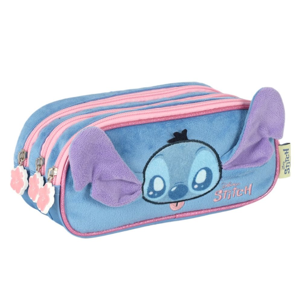 Estojo Escolar Stitch Triplo Disney Pelucia 3D Azul Luxcel