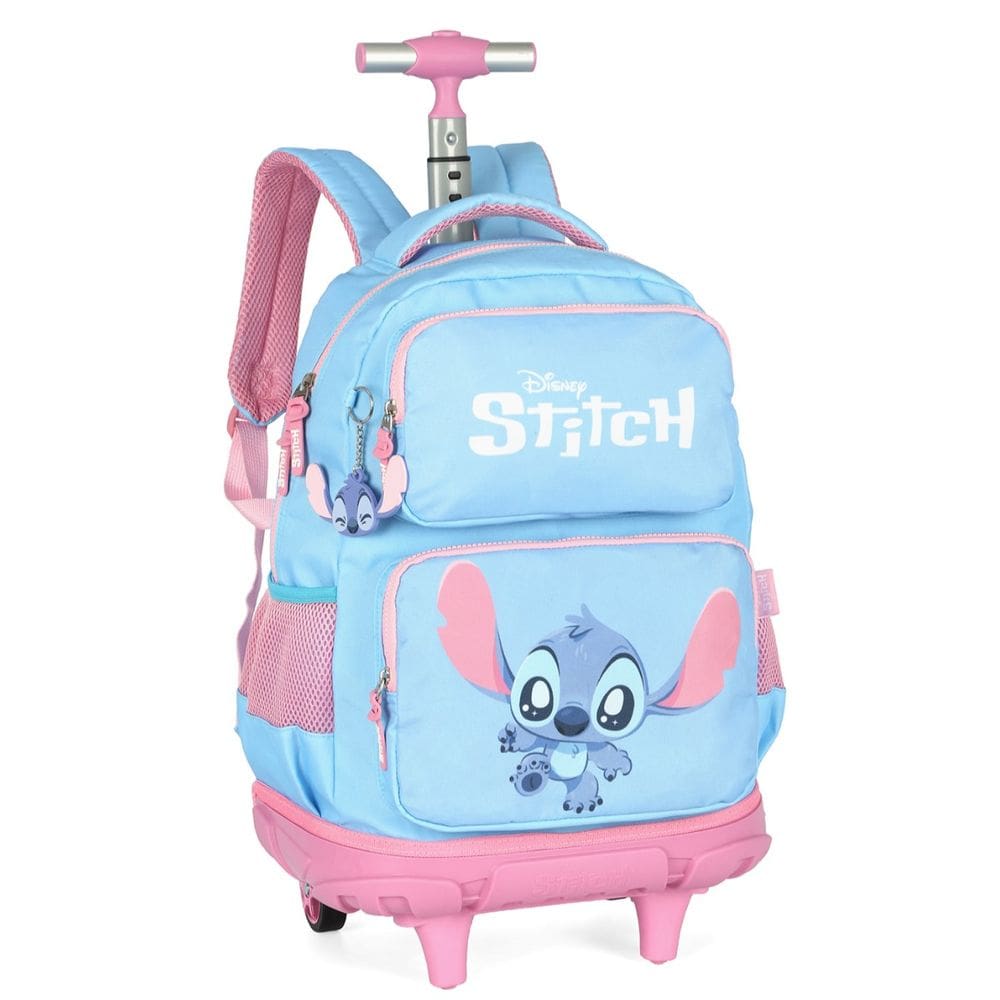 Mochila Grande Rodinha Stitch Reforçada Juvenil Azul Disney