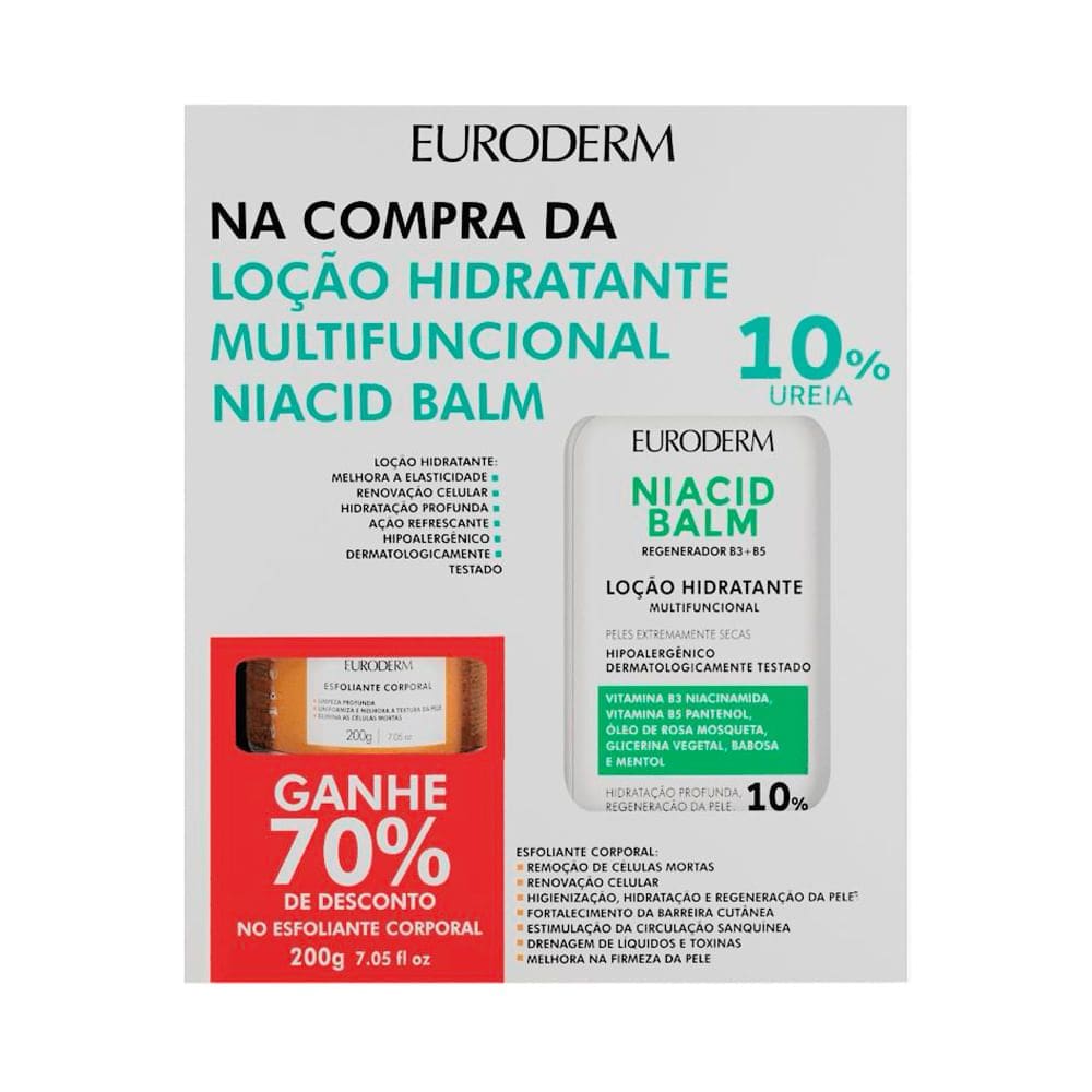 Kit Euroderm Loção Hidratante Multifuncional Niacid Balm 10% Ureia 450ml e Ganhe 70% de Desconto no Esfoliante Corporal 200g