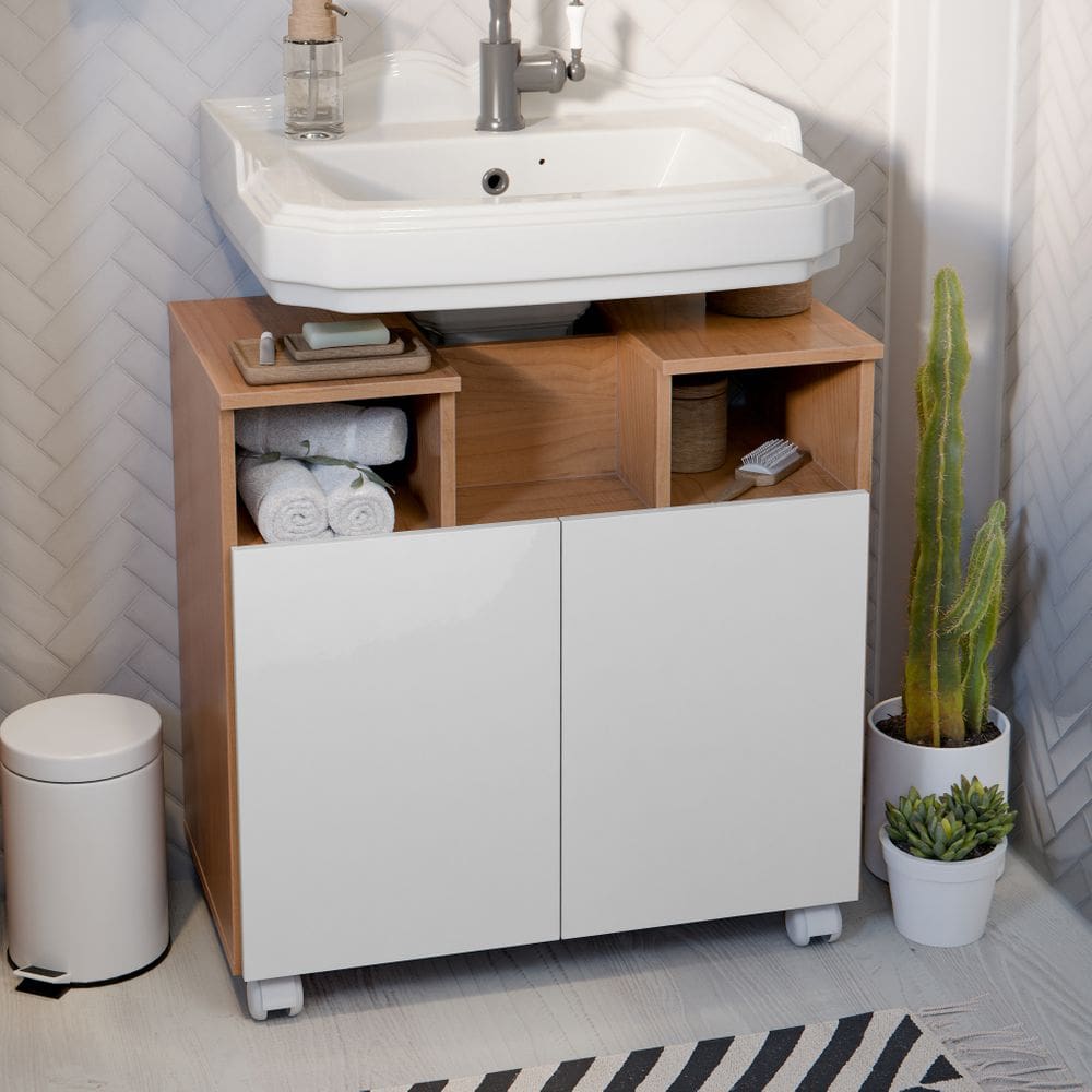 Gabinete para Banheiro para Pia de Coluna com Portas e Nichos Abertos – Organizador Moderno para Debaixo da Pia Pintura 3D Efeito Ripado