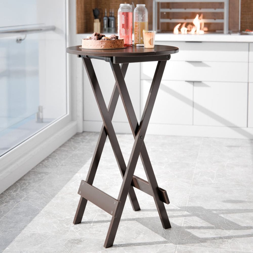 Bistrô Mesa Alta Dobrável Redonda 55cm em Madeira Maciça 99cm de Altura para Cozinha Varanda Área Gourmet – Portátil e Reforçada