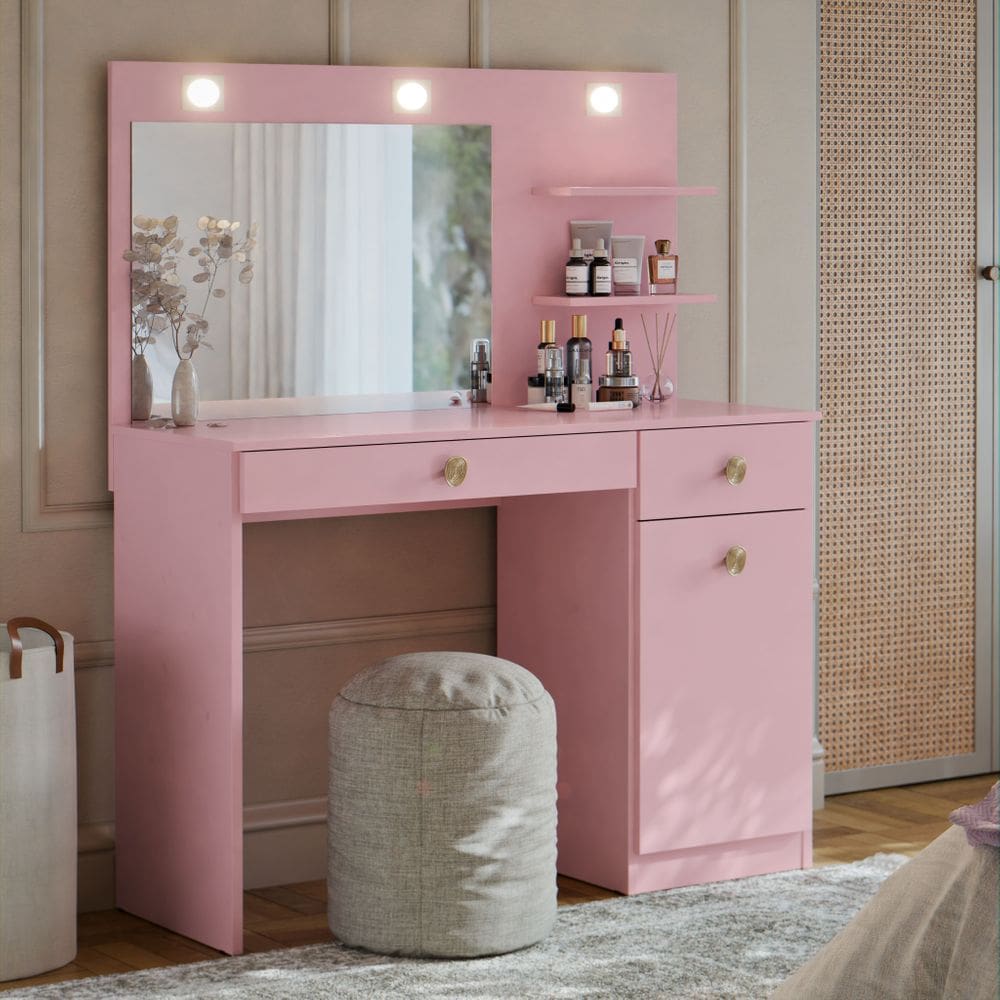 Penteadeira Jolie com Espelho Grande e Luzes LED Camarim 1 Gaveta 1 Porta Prateleiras 90cm – Ideal para Maquiagem e Organização
