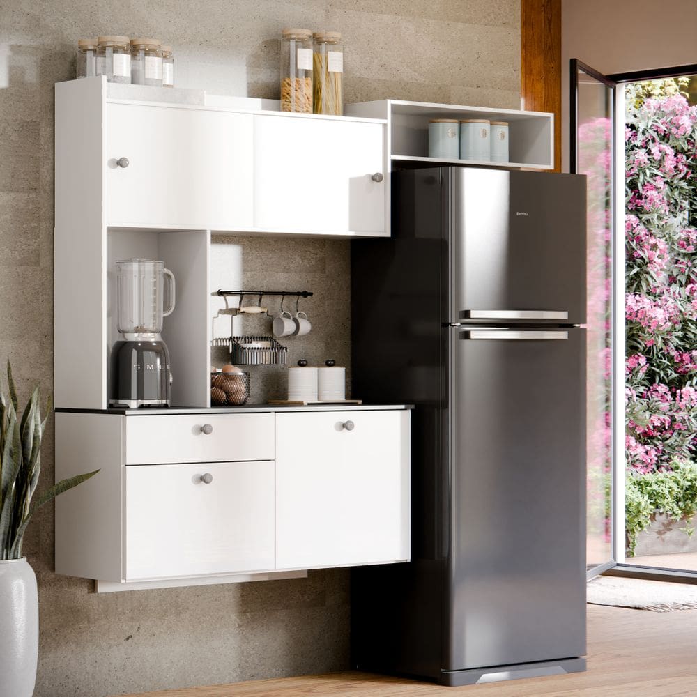 Cozinha Suspensa com Nicho e Gaveta para Micro-ondas, Aéreo 151 cm, Moderna em MDP, Porta Basculante – Ideal para Cozinhas Pequenas