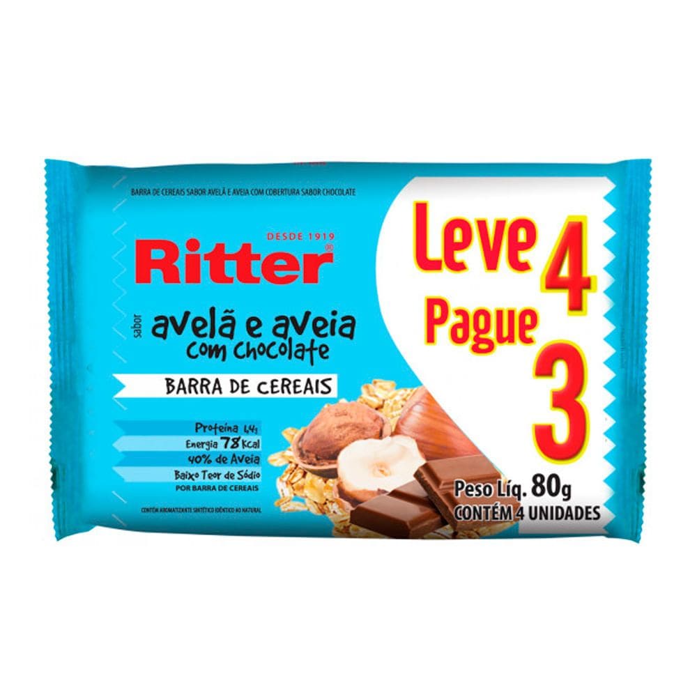 Barra de Cereais Ritter Avelã e Aveia com Chocolate Leve 4 Pague 3 com 4 unidades de 20g cada