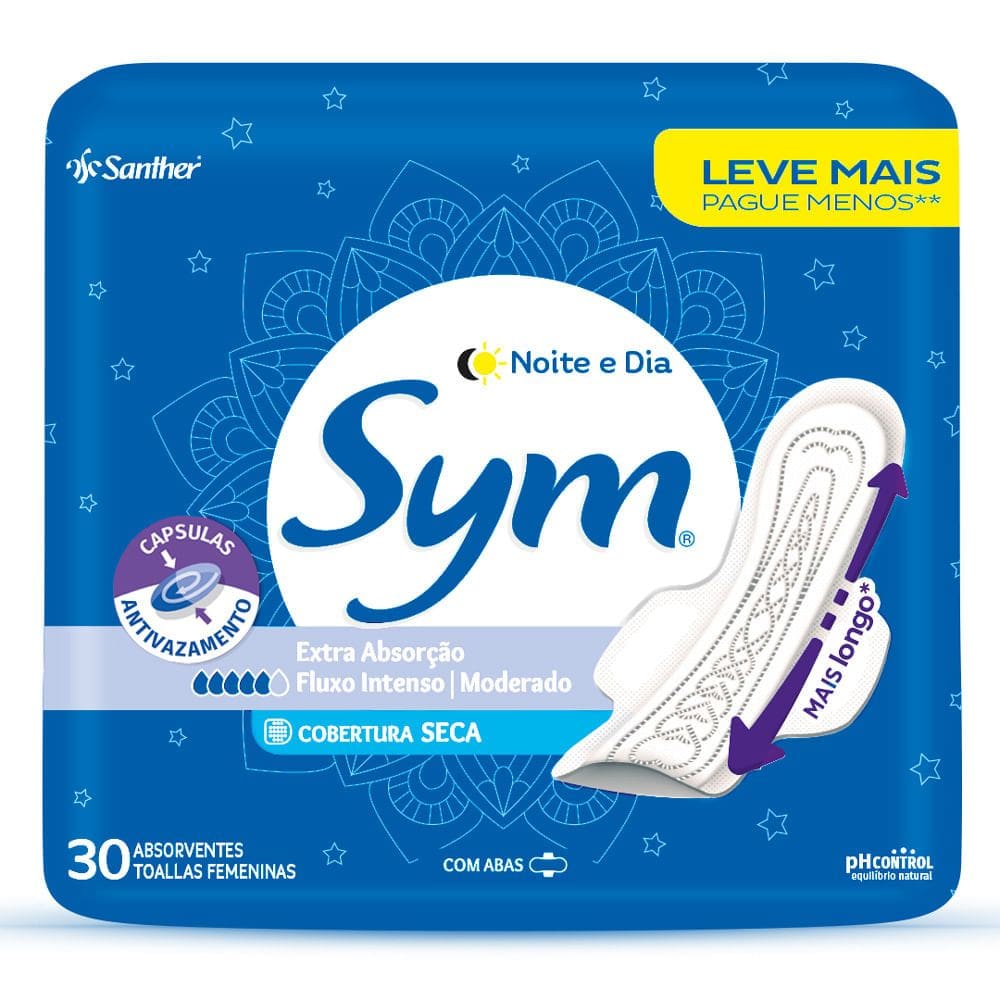 Absorvente Sym Noite e Dia Extra Absorção Cobertura Seca com Abas 30 Unidades Leve Mais Por Menos