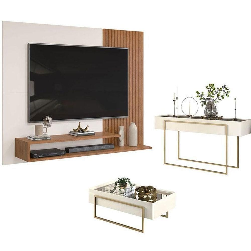 Painel Para Tv Nando Freijó Off White Com Aparador Para Sala Suri E Mesa De Centro Suri Off White – Dj Móveis