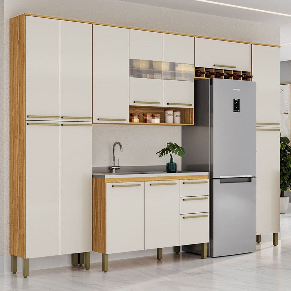 Armário de Cozinha com Balcão para Pia 13 Portas 2 Gavetas Xangai 100% Mdf Vidro Reflecta Amêndoa/Off White - Pnr Móveis