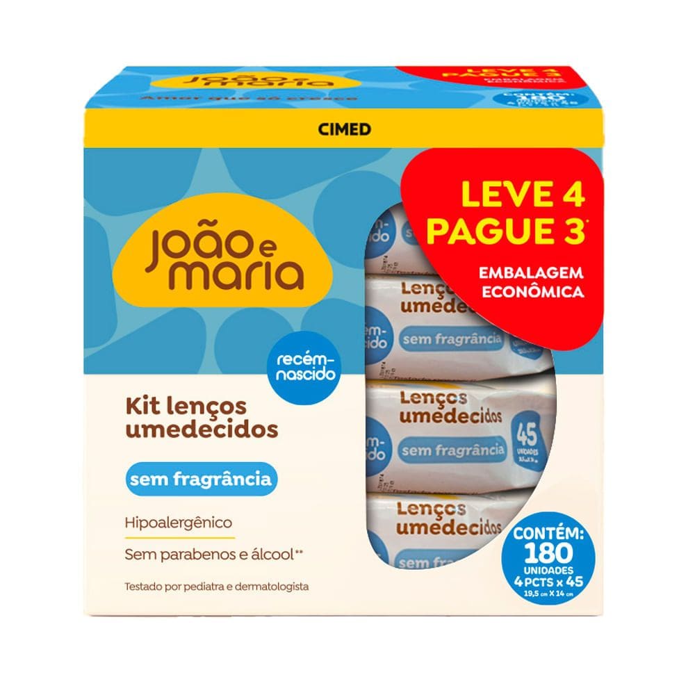 Kit Lenço Umedecidos João e Maria Recém Nascido Sem Fragrância 4 Pacotes com 45 Unidades cada