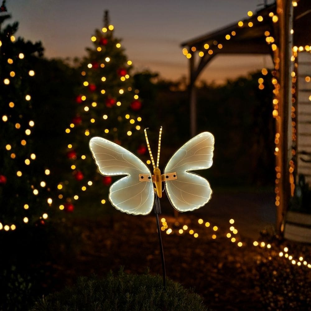 Borboleta Iluminada LED com Movimento na Asa 40x30cm para Jardim e Decoração Natalina Bivolt com Haste 65cm