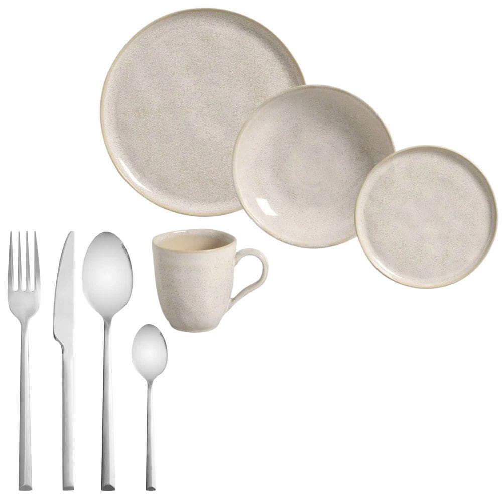 Kit Aparelho de Jantar 16 Peças Stoneware Bio Latte Porto Brasil + Faqueiro Oslo 16 Peças em Aço Inox da Wolff