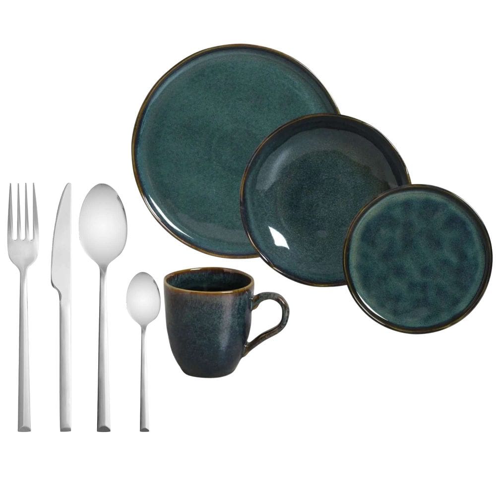 Kit Aparelho de Jantar 16 Peças Stoneware Bio Oceano Porto Brasil + Faqueiro Oslo 16 Peças em Aço Inox da Wolff